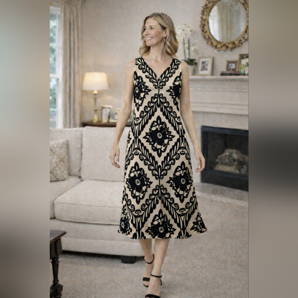 Julian Taylor Elegant Black and Tan Patterned Dress, Size 12